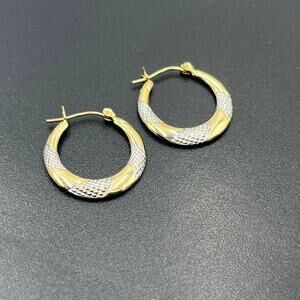 Designer 14k Yellow and White Gold‎ Diamond Cut Hoop High Shine Earrings